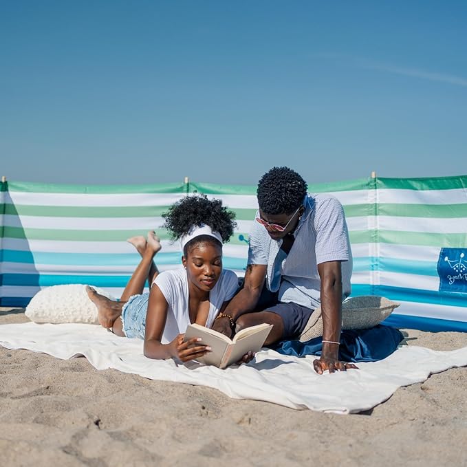 Premium 20 ft Beach Windscreen Privacy Screen Wind Blocker - Emerald Blue Free Rubber Mallet and Carry Bag Included