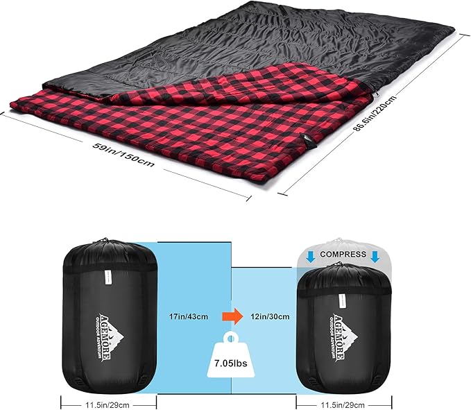 AGEMORE Cotton Flannel Double Sleeping Bag for Camping Backpacking Or Hiking. Queen Size 2 Person Waterproof Sleeping Bag for Adults Or Teens. Lightweight with Compression Sack