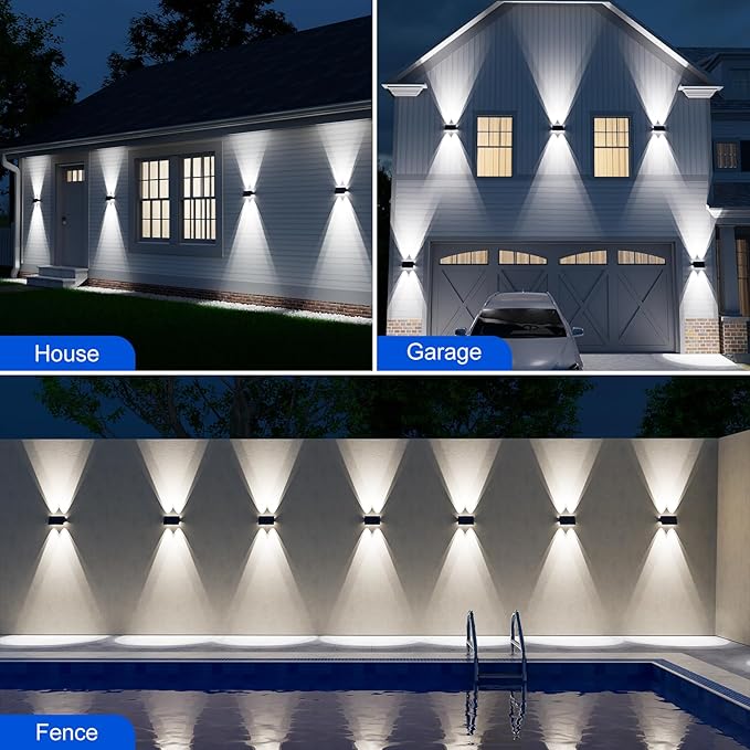8 Pack Solar Powered Fence Lights Outdoor Up and Down Wall Mount LED Decorative Waterproof Lamps for Outside Patio Backyard House Front Door Auto On-Off Function for Energy Saving (Cool White)
