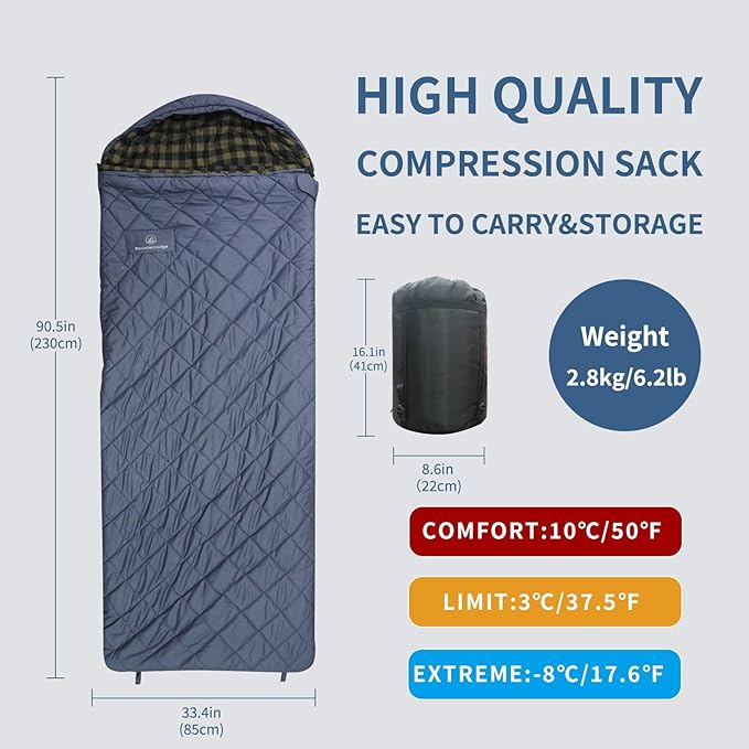 Mountainlodge 100% Cotton Shell and Lining Sleeping Bag for Adult Cold Weather with Compression Bag&ampCarry Bag for CampingTravel and Car Camping