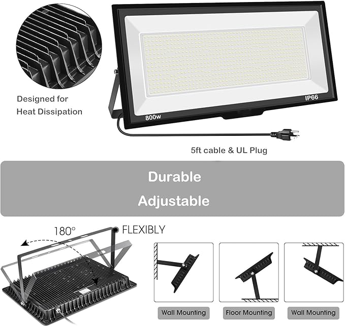 800W LED Flood Light Outdoor 6000K 80000LM Daylight White Security Lights Outside Lamp IP66 Waterproof Exterior Floodlights Lighting for Garden Yard Stadium Arena