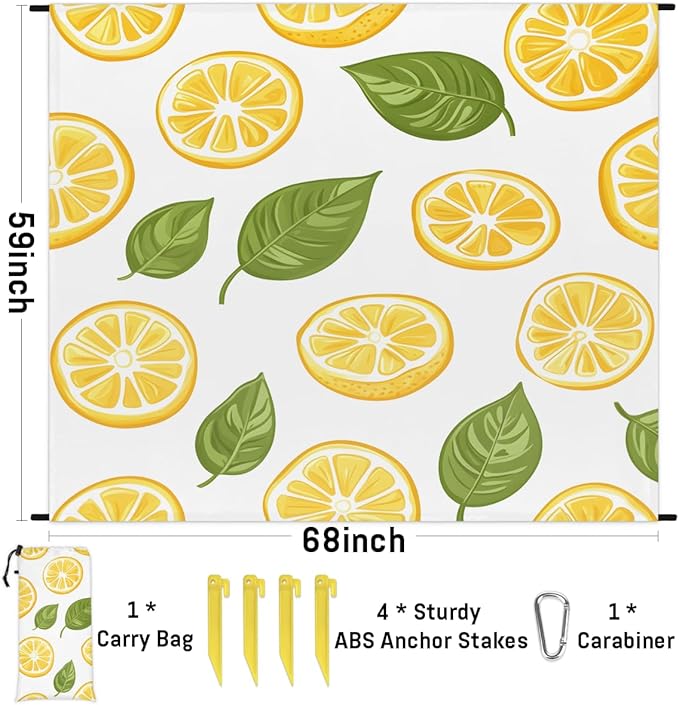 Waterproof Sandproof Beach Blanket 59''×68'' Candy Lemon Polyester Outdoor Picnic Blanket with 4 Stakes &amp Storage Bag for BeachCampingVacation White
