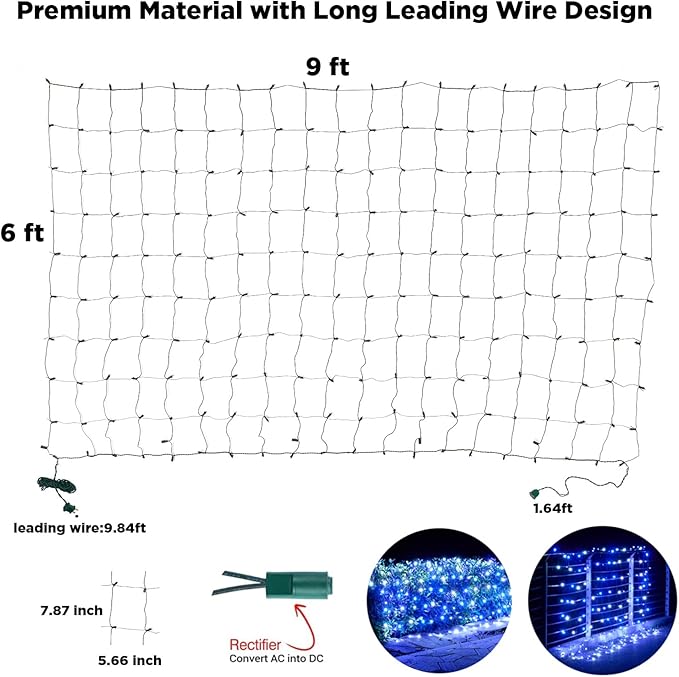 Led Net Lights Christmas Lights Outdoor 200Led 9ftx6ft Upgraded White and Blue Christmas Net Lighting Waterproof 5mm LED Wide Angle Outdoor Indoor Mesh Net Light for Tree Bushes Shrubs Decorations