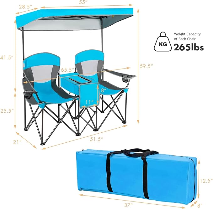 DORTALA Double Camping Chair with Canopy 2 Person Folding Beach Chair with Canopy Shade Table Beverage Holder and Storage Bag Double Rocker Chair Outdoor for Camping Beach Picnic Blue