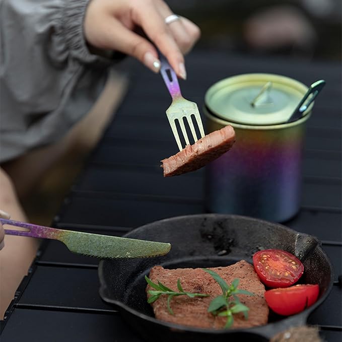 Titanium Cutlery Set Camping Utensils for Hiking &amp Travel 3-Piece Fork Spoon Knife Lightweight Portable Flatware Gradient Color Non-coating Dishwasher Safe RT142T (1 set)