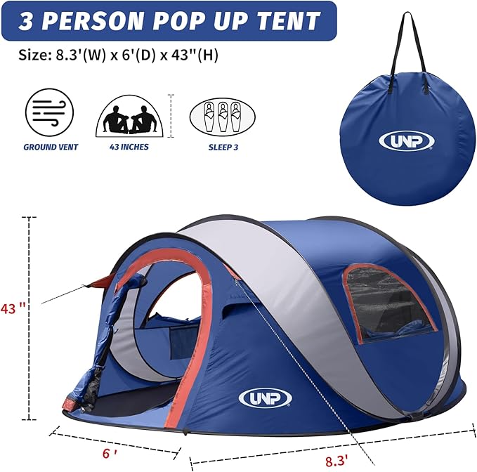 Pop-up Tent 3 Person Camping Tent Instant Portable Beach Tent Easy Pop Up Shade Tents 2 Doors for Camping Hiking &amp Traveling with Carrying Bag