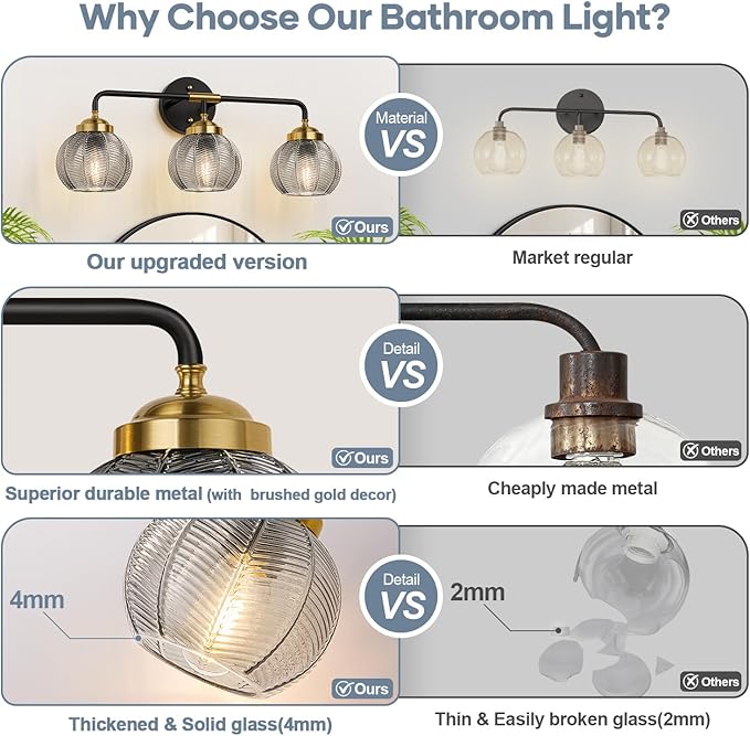 Bathroom Light Fixtures 3-Light Smokegray Vanity Lights with Unique Leaf Texture Glass Shade Modern Matte Black and Gold Bathroom Wall Lamp for Mirror Hallway Cabinet Living Room