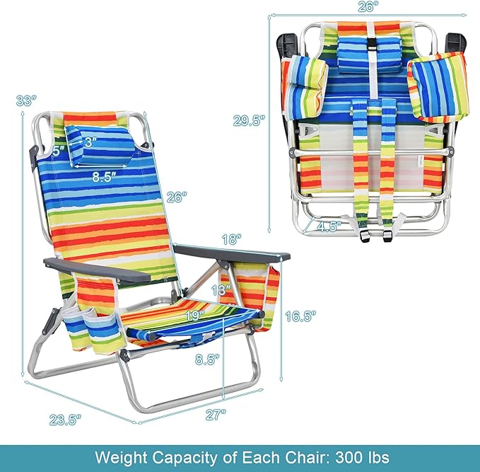 GYMAX Beach Chairs Backpack Camping Chair with Armrest Cooler Bag Cup Holder Towel Bar &amp Side Pockets Sunbath Sling Tanning Lounge Folding Layout Chair (4 Chairs Without Table Yellow Stripe