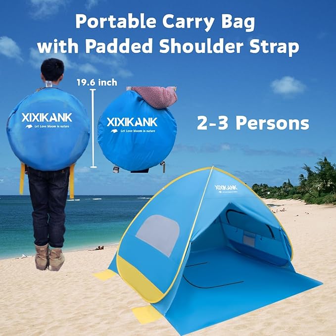 2 Second Easy Setup Pop Up Beach Tent for 2-3 PersonUPF 50+ UV Protection Beach ShadeWind Resistant Sun Protection Family Sun ShelterPortable Lightweight Cabana Canopy with Handy Carry Bag