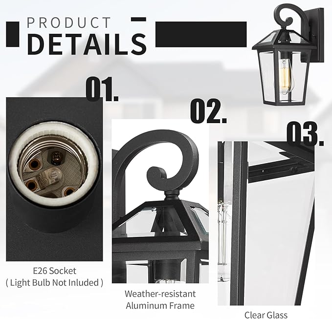 Outdoor Wall Light Fixtures Waterproof Exterior Wall Lanterns with Glass Outside Wall Sconces Front Porch Lights for House Garage Doorway Patio 7H1B-M-2PK BK