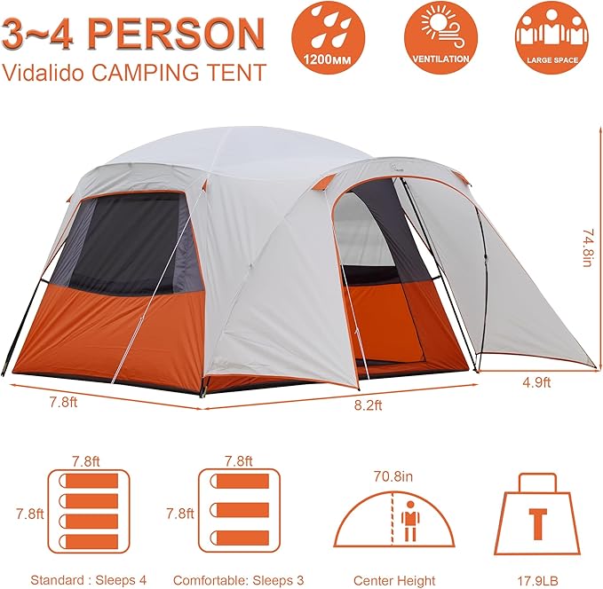 Vidalido 3-4 Person Tent with 1 Mesh Door and 2 Large Mesh Window Double Layer Waterproof Portable Family Cabin Tent 4 Person Tents for Outdoor Camping Hiking