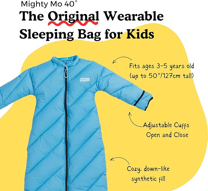Mighty Mo 40° Kids Sleeping Bag (Ages 3-5). The Comfiest Coziest Camping Sleeping Bag for Kids with Adjustable Cuffs.