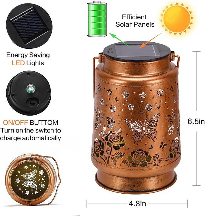 2 Pack Butterfly Solar Lanterns Outdoor Waterproof Rose Garden Decor Gifts for Women Mom Grandma Hanging Solar Lights Metal Lantern Decoration Outside for YardPatioBackyardPorch