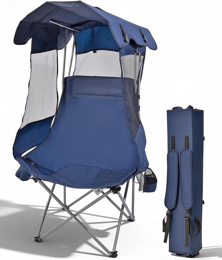 East Oak Oversized Camping Chair with Canopy | 400 LBS Heavy Duty Folding Beach Chair with Canopy Shade Roomy Seat Maximum Sun Protection Ample Storage for Sports Events Fishing