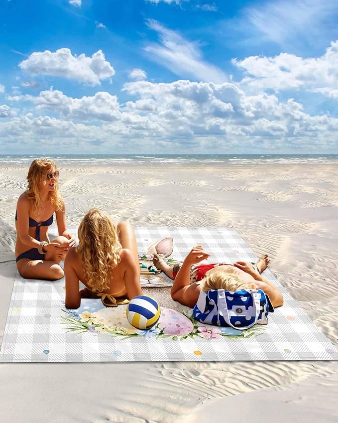 Beach Blanket Waterproof Sandproof Oversized Watercolor Easter Bunny Eggs Beach Mat with Corner Stakes Sand Pockets Floral on Gray Plaid Outdoor Picnic Mat for Travel Camping Hiking 83x79In