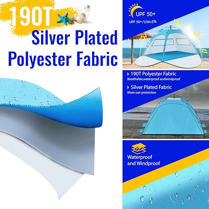 Beach Tent Sun Shade for 4-5 Person Two Doors Large Pop Up Beach Tents for Adults and Kids Portable Automatic Instant Sun Shelter Canopy Tent UV 50+ Ideal for Garden Fishing Picnic