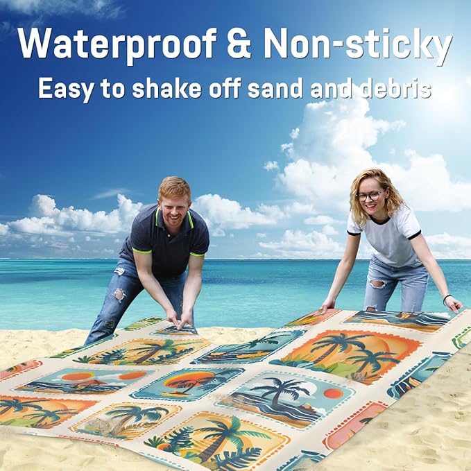 Waterproof Sandproof Beach Blanket 59''×68'' Scenery Mountains Stamps Polyester Outdoor Picnic Blanket with 4 Stakes &amp Storage Bag for BeachCampingVacation White