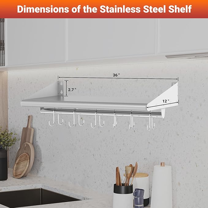 Skyflame 12 x 36 Wall Shelf with 6 Hanging Hooks for Storage Stainless Steel Commercial Shelving with Side Guards for Bar Utility Room Kitchen Garage