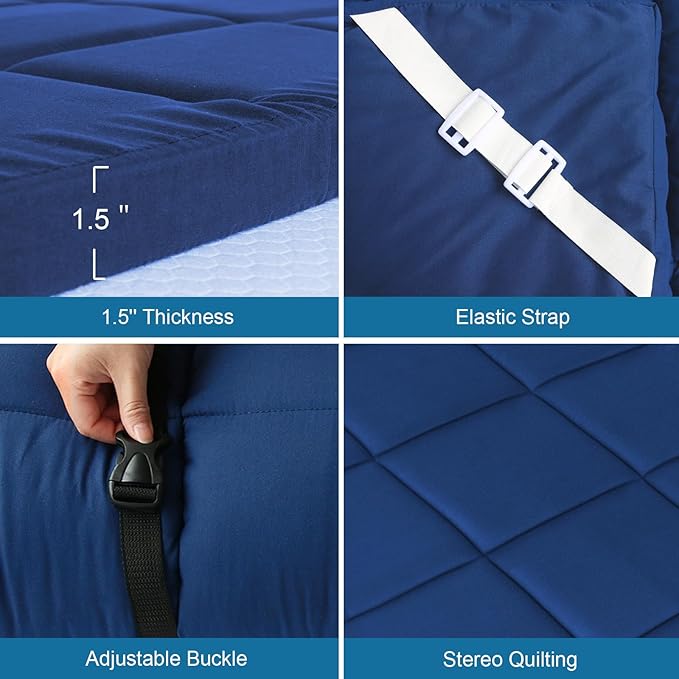 Cot Mattress Topper (Improved Thickness) Foam Quilted Pads for Camping Soft Comfortable Sleeping Cot Mattress Pad Only Camping Pad 75x30 for Camp Cot/Rv Bunk/Narrow Twin Beds Navy