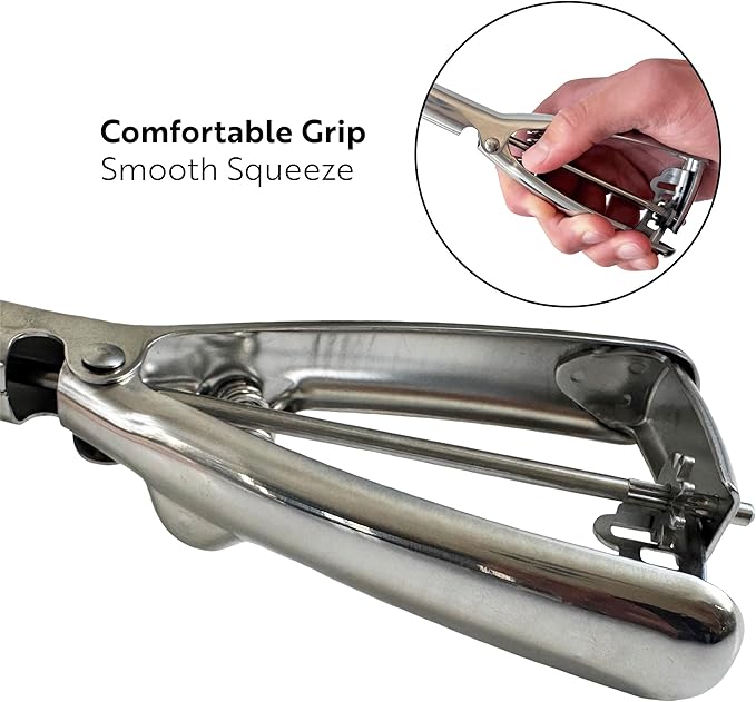 ProScoop Exterior Sweeper No Drips Multipurpose Scooper 2/3 cup capacity 100% Stainless Steel used for Baking and Cooking Comfortable Grip with Trigger Release.
