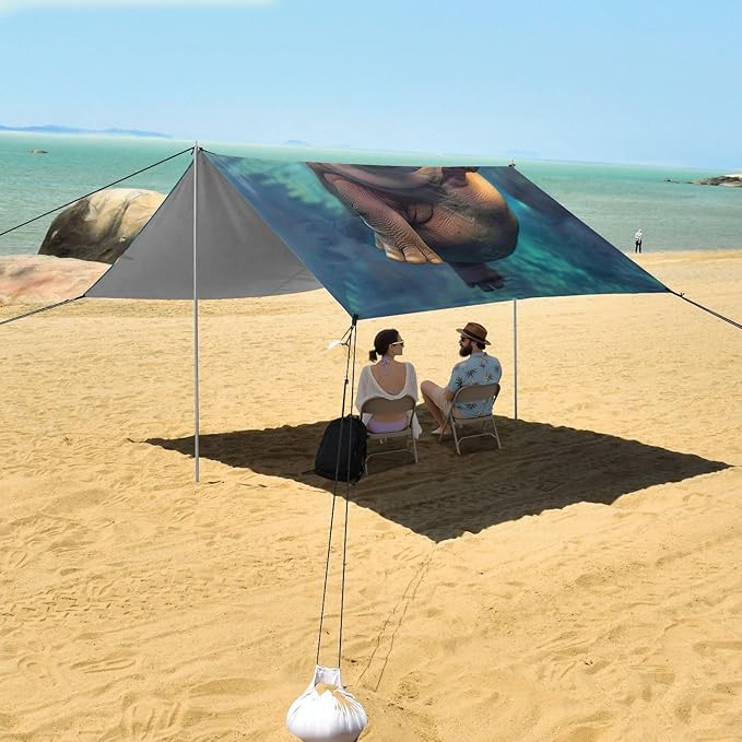 ALAZA Hippo Animal Beach Tent Sun Shelter UPF50+ Protection Beach Shade Canopy w/ 4 Sandbags for Outdoor Camping Fishing Backyard Fun Picnic 10x9 ft