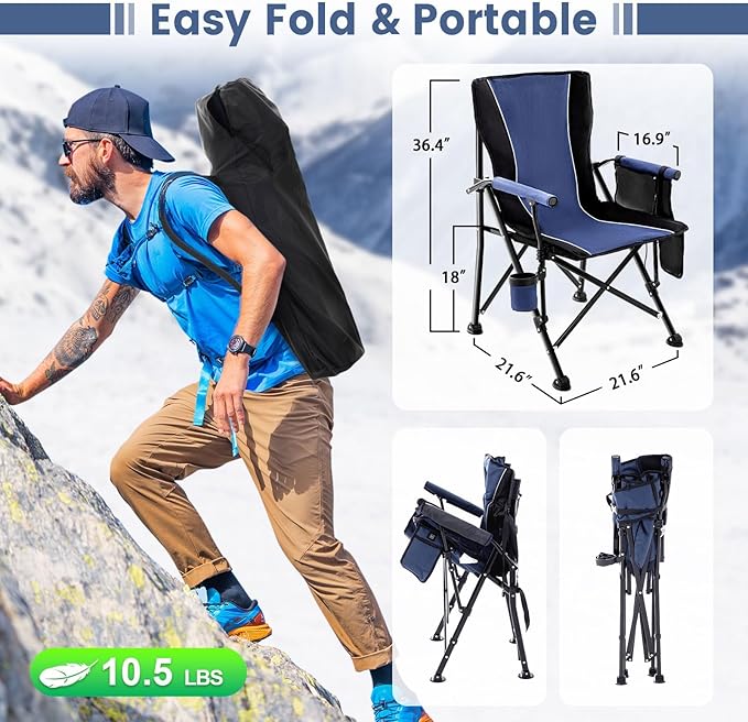 Heated Camping Chairs for Adults Portable Heated Chairs for Outdoor Outdoor Heated Chair Folding Chairs Heavy Duty Lawn Chairs for Adults with Cup Holder Navy Blue (Battery NOT Included)