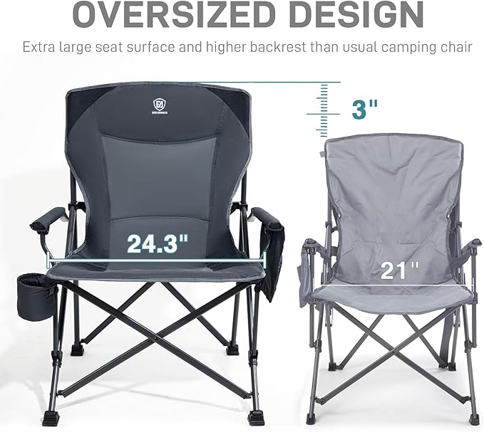 EVER ADVANCED Oversized Folding Camping Chair for Adults Heavy Duty Lawn Chair with Side Pockets Portable Collapsible Quad Chair for Outside Support Up to 500lbs Grey 2PACK