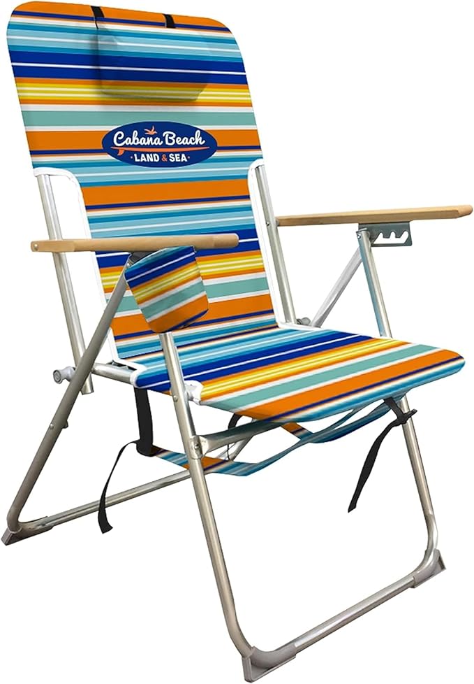 Cabana Beach Folding Beach Chair 4 Position Portable Backpack Foldable Camping Accessories with Headrest Cup Holder and Wooden Armrests Bold Candy Stripe
