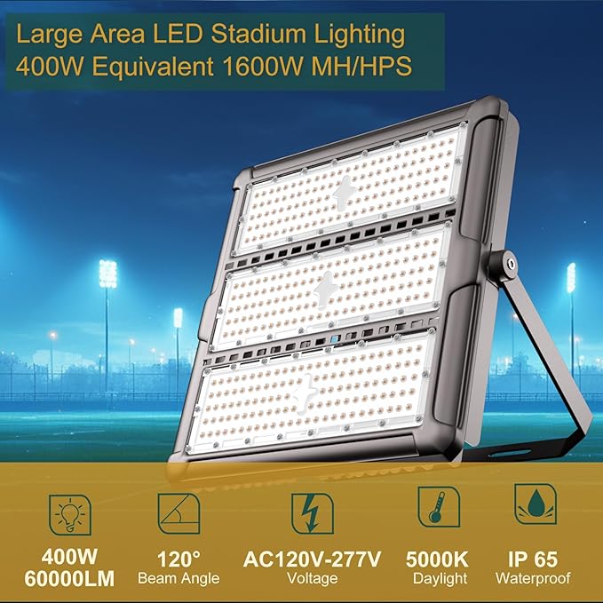 LED Stadium Lights Outdoor 400W LED Flood Lighting 60000LM AC100-277V IP65 Waterproof 5000K Daylight Commercial Arena Lighting for Sports Fields and Court -4Pack