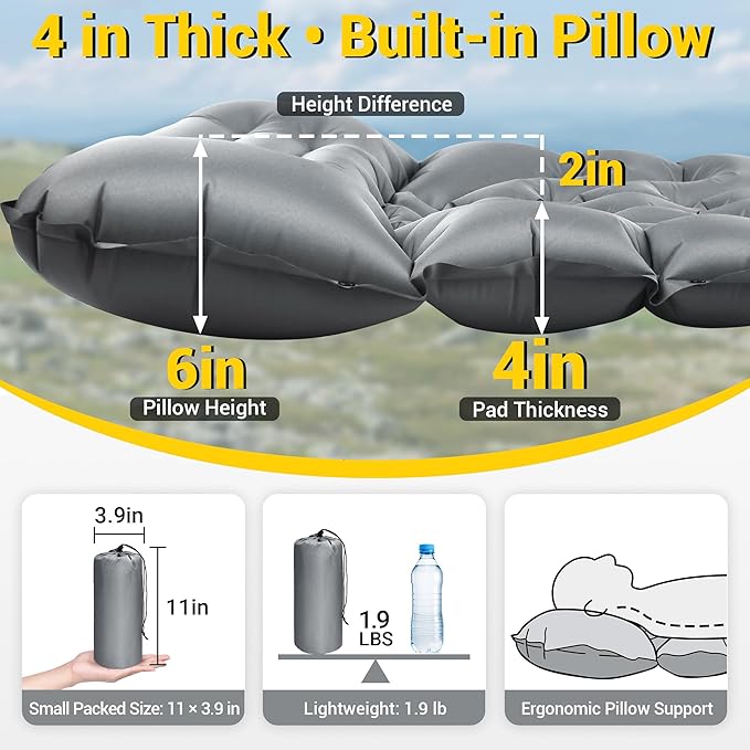 Sleeping Pad for Camping Backpacking Sleeping Mat with Built-in Pillow and Foot Pump 4in Thick Compact Camping Air Mattress for Hiking Tent Road Trip Car Camp Travel Gear
