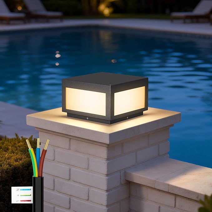 Outdoor Modern Post Light 9.84 Square Hard Wired Pillar Lights Grey Column Lighting 100-240V AC Waterproof LED 3000K Warm Posts Lamp Lantern for Patio Driveway Entrance Deck Garden Decoration