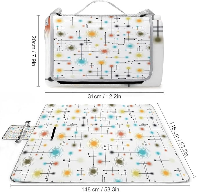 Mid Century Modern Atomic Turquoise Waterproof Outdoor Picnic Blanket Sandproof Beach Mat for Camping Hiking Grass Travelling