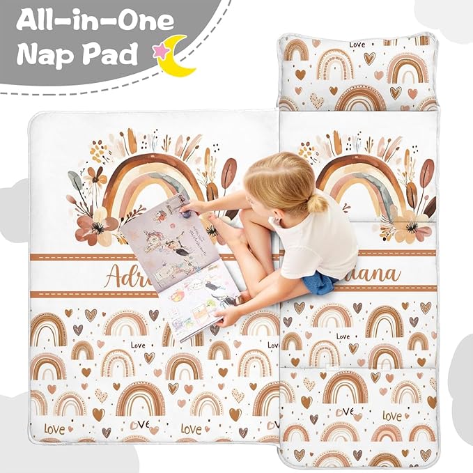 Personalized Boho Rainbow Toddler Nap Mat with Pillow and Blanket Custom Name Kids Sleeping Bag for Daycare Preschool Napping Mats for Girls Kids Slumber Bags Sleep Padded Easy Roll Up