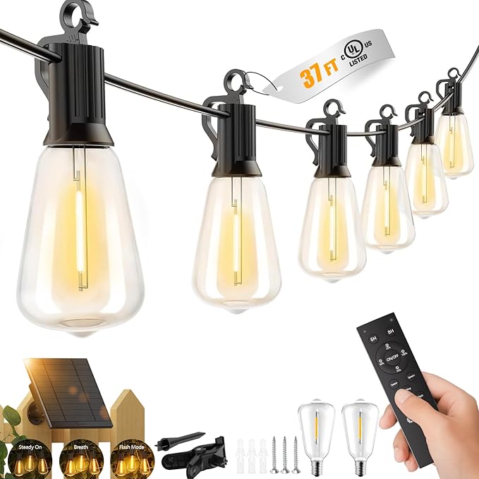 Brightown 37FT Solar String Lights Outdoor Waterproof with Remote 10+1 LED Shatterproof Bulbs Dimmable &amp Timable 3 Light Modes - Commercial Grade Patio Lights for Garden Backyard Party Decor