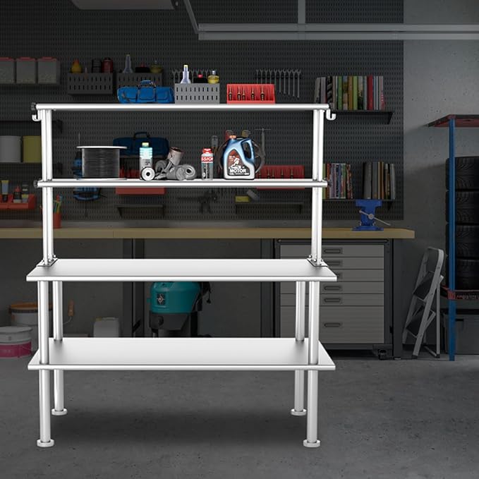 Double Overshelf of Stainless Steel 12'' x 72'' Weight Capacity 480lb Adjustable Commercial 2 Tier Shelf for 72 Prep &amp Work Table in Restaurant Home and Kitchen and Workshop