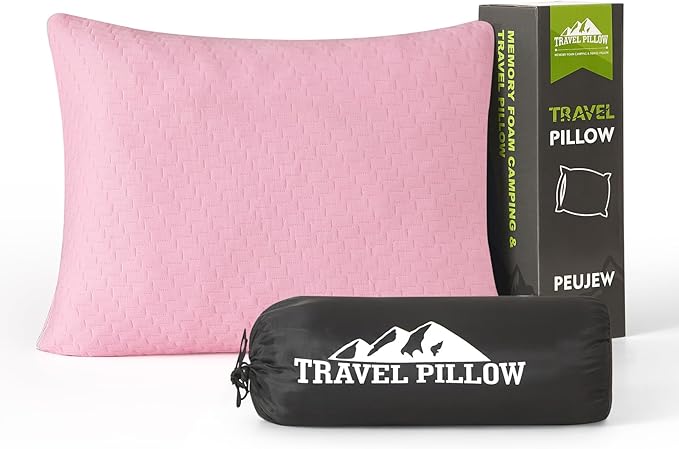 Small Shredded Memory Foam Pillow Camping Pillow Travel Pillow - Compressible Medium Firm Breathable Cover Ideal Backpacking Hiking Airplane and Car (Apricot Pink L)