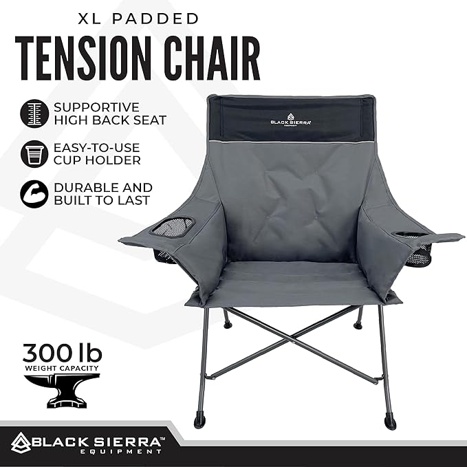Black Sierra Camping Chair – XL Outdoor Foldable Seat Padded Tension Heavy-Duty Steel Frame Supports 300 lbs – Portable Lightweight for Camping Sports Patio Events