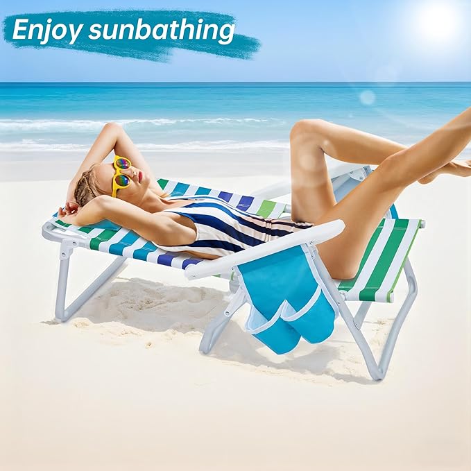 Beach Chair Beach Chairs for Adults 2 Pack Outdoor Folding Beach Chairs for Adults Supports up to 350lbs with 5 Positions Towel bar Cooler Pouch Storage Pouch.