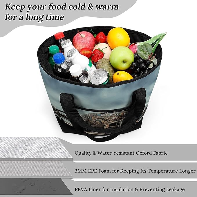Insulated Shopping BagLarge Reusable Cooler Bags Airplane Art Printed Foldable Shopping BagTravel Waterproof Shoulder Bag