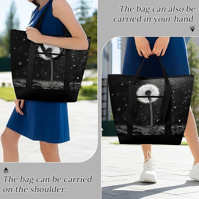 Insulated Shopping BagLarge Reusable Cooler Bags Dandelion Black And White Printed Foldable Shopping BagTravel Waterproof Shoulder Bag