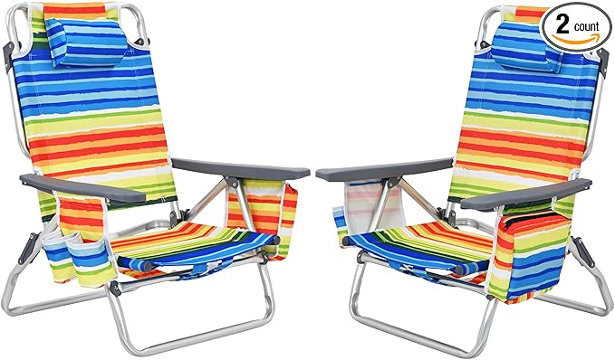 Giantex Folding Beach Chair Patio Sling Chairs with 5 Adjustable Position Head Pillow Storage Bag Towel Bar Cup Holders Backpack Chairs for Sunbathing Camping Chair