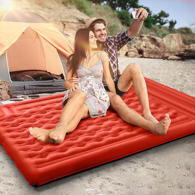 Double Sleeping Pad Camping Self Inflating 6'' Extra-Thick 2 Person Pillow Built-in Foot Pump Waterproof Inflatable Sleeping Mat Backpacking Tent Hiking Portable Camping Pad (Orange-Black)