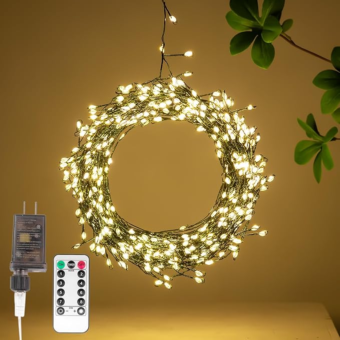 Firecracker Fairy Lights33FT 300Leds Waterproof Twinkle Lights Plug in8 Modes Remote String Light for Indoor Outdoor Christmas Wedding Birthday Patio Garden DecorGreen WireWarm White