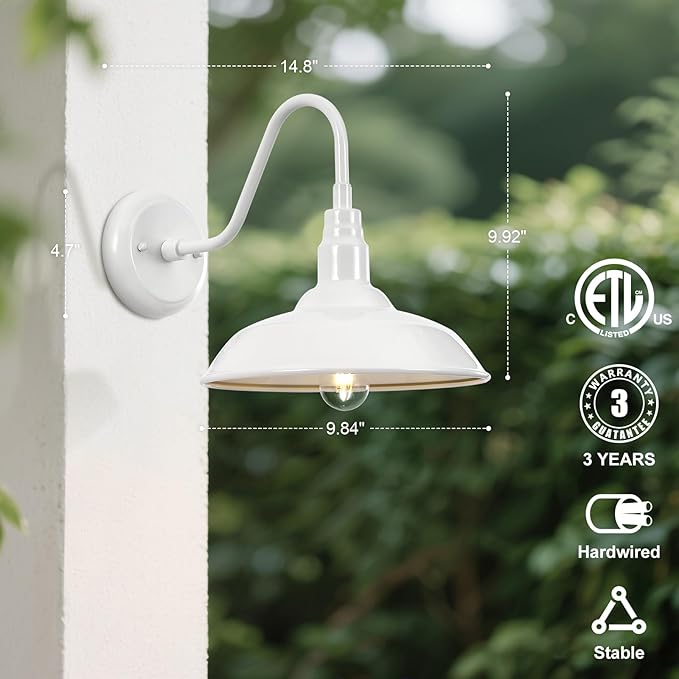 Outdoor Gooseneck Barn Light Fixture with Wall Mount 10'' Diameter White Exterior Waterproof Wall Lantern for Porch Farmhouse Wall Sconce 2 Pack LM2201-WH-2P