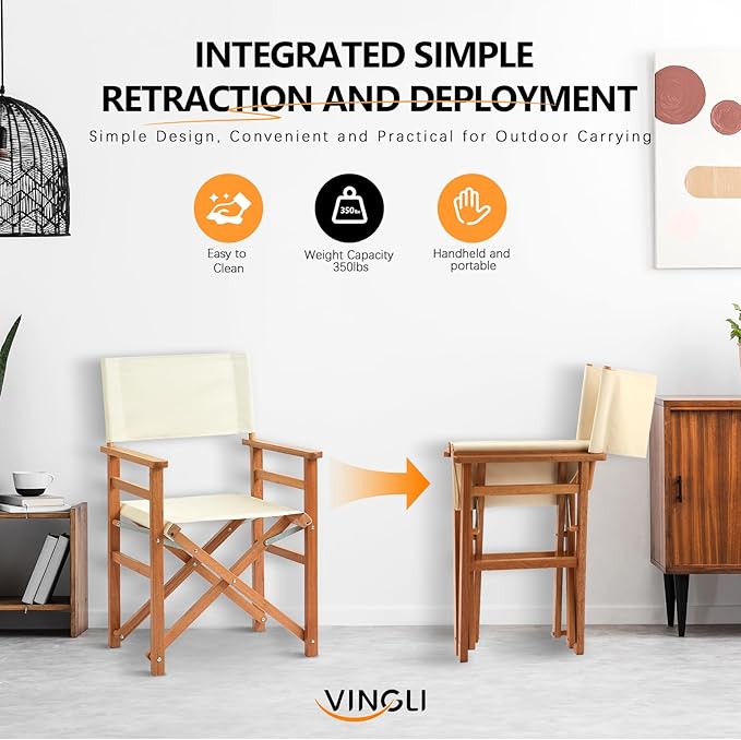 VINGLI Widen Folding Director Chair Set of 2 with Sturdy Wooden Frame &amp Beige Canvas Portable Durable for Outdoor Patio Camping Use Off-White