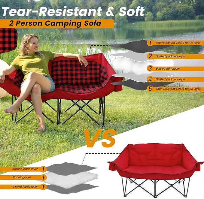 Heated Double Camping Chair with 2 Battery Padded Camping Couch with 3 Heat Levels and 4 Heating Zones Oversized Camp Loveseat Support 800lbs for Soccer Games Tailgating RV Travel Beach Days