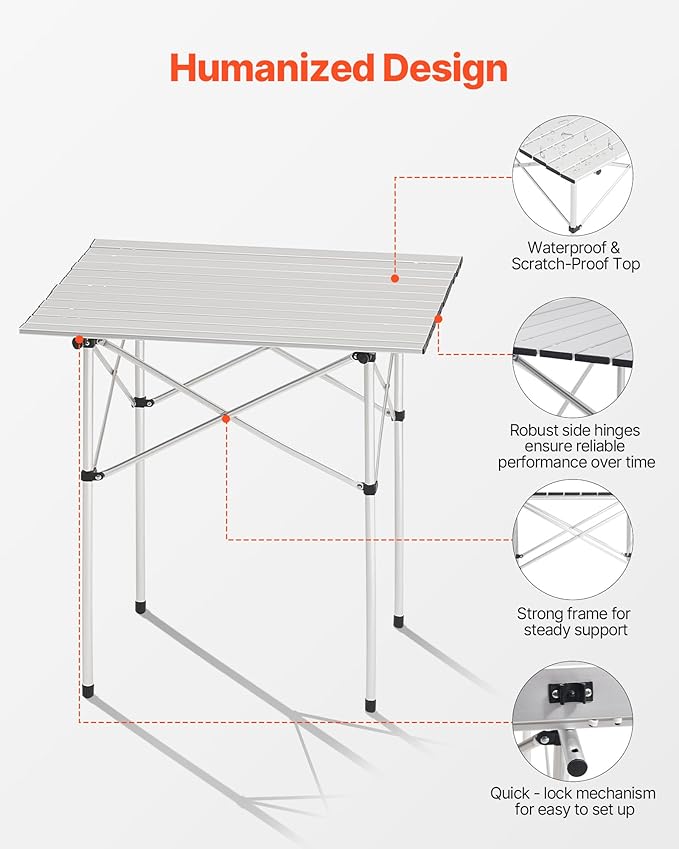 VEVOR Folding Camping Table Portable Roll Up Side Tables Lightweight Aluminum Table for Outdoor BBQ Tailgating Picnic Travel (28 inch-Silver)