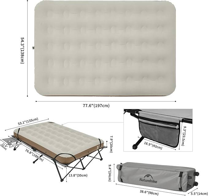 Naturehike Queen-Sized Airbed Cot Combo Folding 2 Person Camping Cot with Air Mattress Side Table and Wheeled Carry Bag Camping Bed for Outdoor Camp Guests (Pump Not Included)