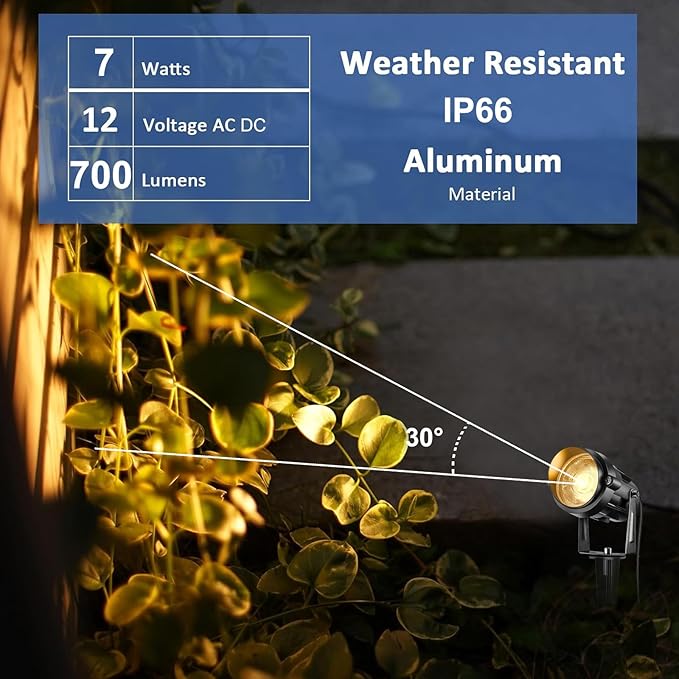 Low Voltage Landscape Lights with Connectors Outdoor: 7W 700LM LED Landscape Lighting for Tree Garden Yard Pathway | 12V 24V Warm White 3000K Spotlights | IP66 Waterproof | 2 Pack