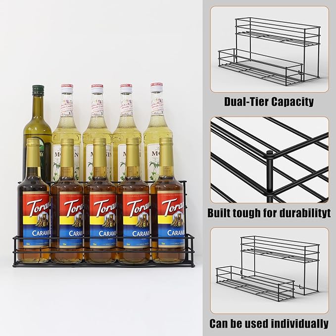 Coffee Syrup Rack &amp Syrup Holder – Loved by 5000+ Coffee Fans! 2-Tier Rustproof Rack Fits 750ml Torani &amp Monin Bottles Holds 10 Elevate Coffee Bars Kitchens Pubs Restaurants &amp Parti